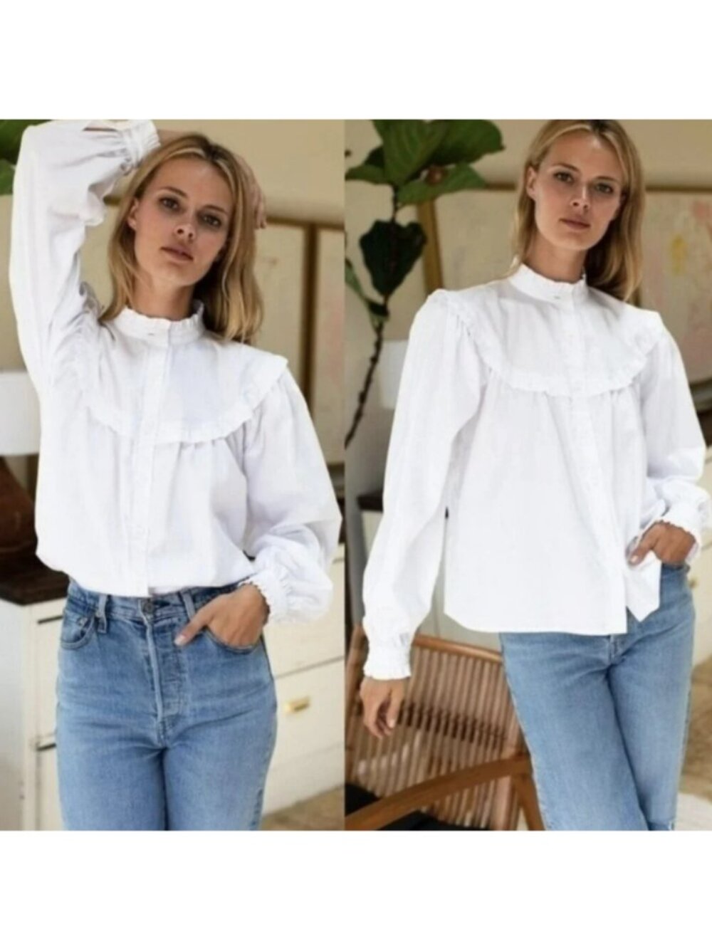 Emerson Fry Elodie White 100% Cotton Ruffled Yoked Collar Blouse Shirt, Size XS